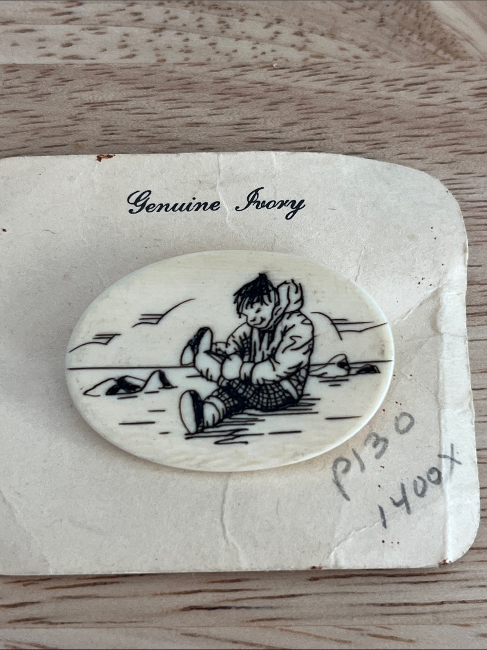 Genuine Ivory Oval Cameo Pin with Engraved Boy Illustration..scrimshaw